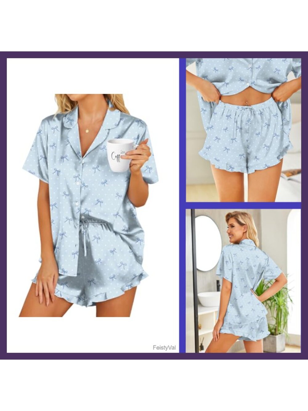 Satin Pajama Set Button Down Ruffle Shorts 2 Piece Sleepwear